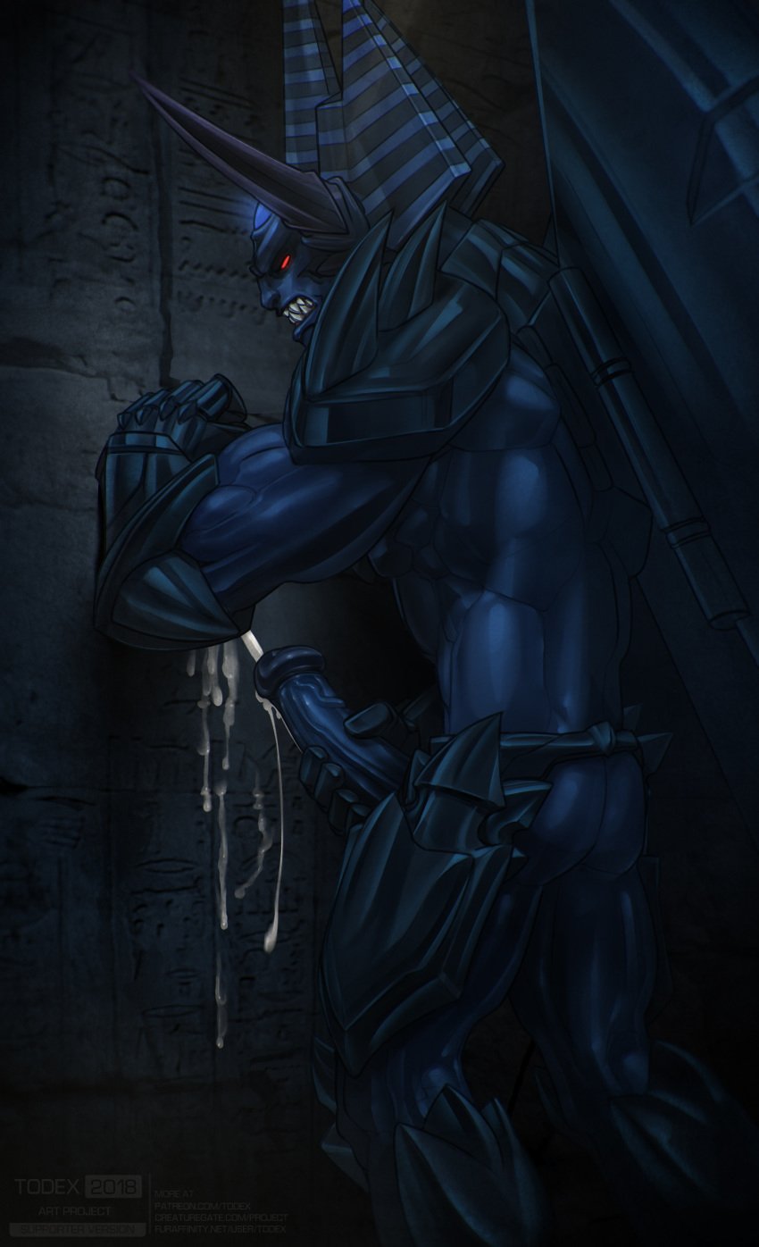 absurd_res armor ass big_penis bodily_fluids clothing cum cum_on_wall erection fangs gauntlets genital_fluids gloves glowing glowing_eyes handwear hi_res hieroglyphics horn humanoid humanoid_penis konami looking_pleasured male male_only masturbation monster obelisk_the_tormentor orgasm penile penile_masturbation penis sharp_teeth solo solo_male teeth todex yu-gi-oh!