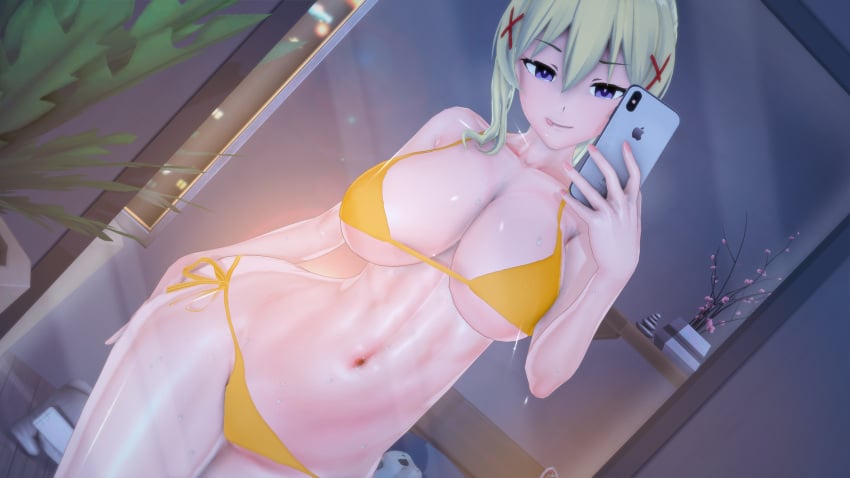 1girls 3d arm_behind_back big_breasts bikini blonde_hair blue_eyes breasts busty child_bearing_hips cleavage curvy darkness_(konosuba) female female_only half-closed_eyes hi_res kono_subarashii_sekai_ni_shukufuku_wo! large_breasts long_hair looking_at_viewer mirror navel ponytail pose posing reflection seductive seductive_look seductive_smile selfie sensual sexy sexy_pose side-tie_bikini smartphone smile solo thong_bikini toned tongue tongue_out yellow_bikini