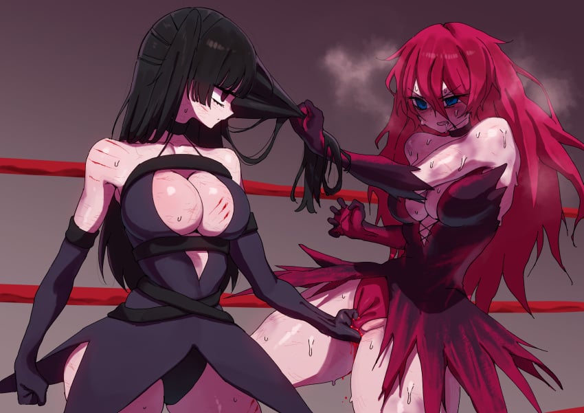 2girls armwear artist_request black_dress black_hair blood_on_face blood_splatter bloody blue_eyes breath_cloud catfight cleavage clenched_teeth cold_stare female grabbing grabbing_another's_hair grabbing_pussy hair_pull hair_pulling hairpulling huge_breasts messy_hair original original_characters pain pussy_grip pussy_squeeze red_dress red_hair ryona scar scared scars scratches squeezing squeezing_pussy stare staredown strike_on_women's_vital_spots sweat sweatdrop sweating sweaty thick_thighs thighs wrestling wrestling_ring wrestlingryona yuri