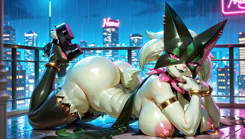 1girls ai_generated anklet anthro areolae armlet balcony big_ass big_breasts big_thighs black_lipstick bracelet cat catgirl choker claws eyebrows eyelashes felid feline female furry generation_9_pokemon green_body green_fur green_skin hi_res high_quality high_resolution highres huge_ass huge_breasts huge_thighs large_breasts looking_at_viewer lying lying_on_stomach meowscarada neon_lights night nintendo nipple_piercing outdoors outside pierced_ears pink_areola pink_nipples platform_sandals pokemon pokemon_(species) rain red_eyes ring smile smug solo stable_diffusion sweat sweatdrop sweating sweaty synthneon thick_ass thick_thighs