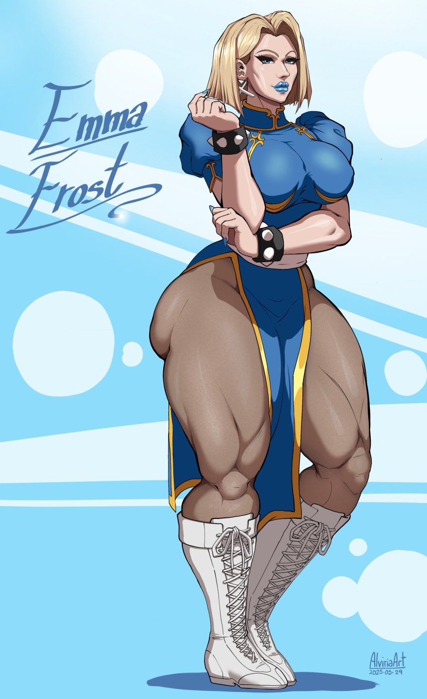 1girls alviriaart ass big_ass blonde_hair blue_eyes blue_lipstick breasts chun-li_(cosplay) clothing cosplay emma_frost emma_frost_(marvel_rivals) female female_only lipstick marvel_rivals solo thick_thighs thunder_thighs wide_hips x-men