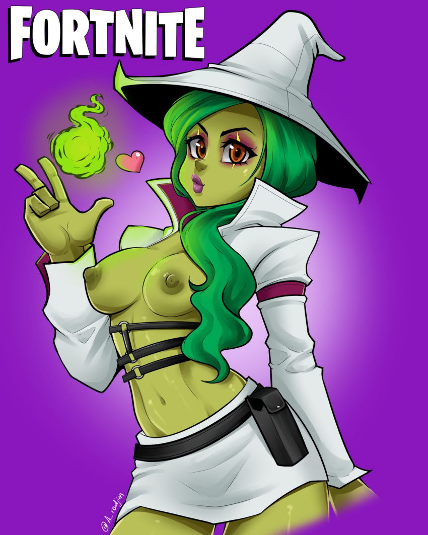 1girls collaboration fortnite green_skin hat hemlock_(fortnite) lipstick rodjim tagme topless tyrana witch witch_hat