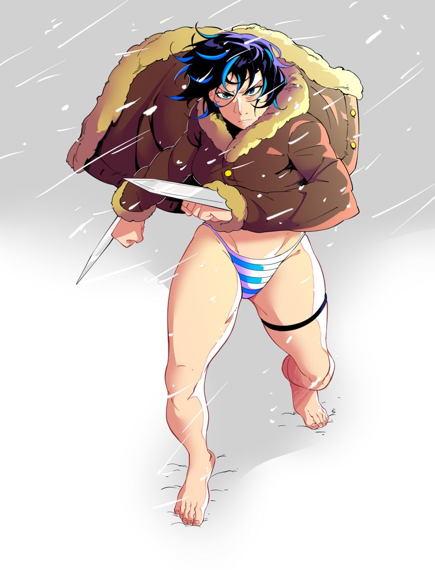1girls angry angry_expression angry_face black_hair blade blades blue_eyes blue_hair clothed clothing coat crow_art el_diario_de_jonathan female looking_at_viewer pose selene_(eddj) snow solo standing sweat thick_legs thick_thighs thighs two_tone_hair two_tone_panties underwear