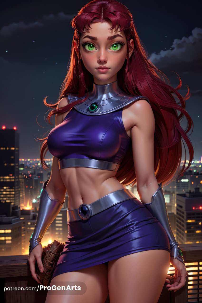 1girls ai_generated blue_skirt boomerang_(tv_network) bracer breasts cartoon_network closed_mouth cowboy_shot crop_top dc dc_comics gorget green_eyes hi_res koriand'r lips long_hair looking_at_viewer medium_breasts midriff miniskirt navel night night_sky orange_skin outdoors progenarts red_hair skirt sky sleeveless solo standing starfire superhero superheroine teen_titans thighs toned warner_brothers web_address