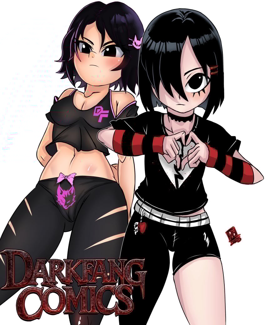 armwear belt black_eyes blush cute darkfang100 darkfangcomics emo ess_ozawa(dfc) hair_ornament leather leggings logo mascot multicolored_hair nana_ozawa(dfc) punk punk_girl siblings tank_top unfazed wolf_girl