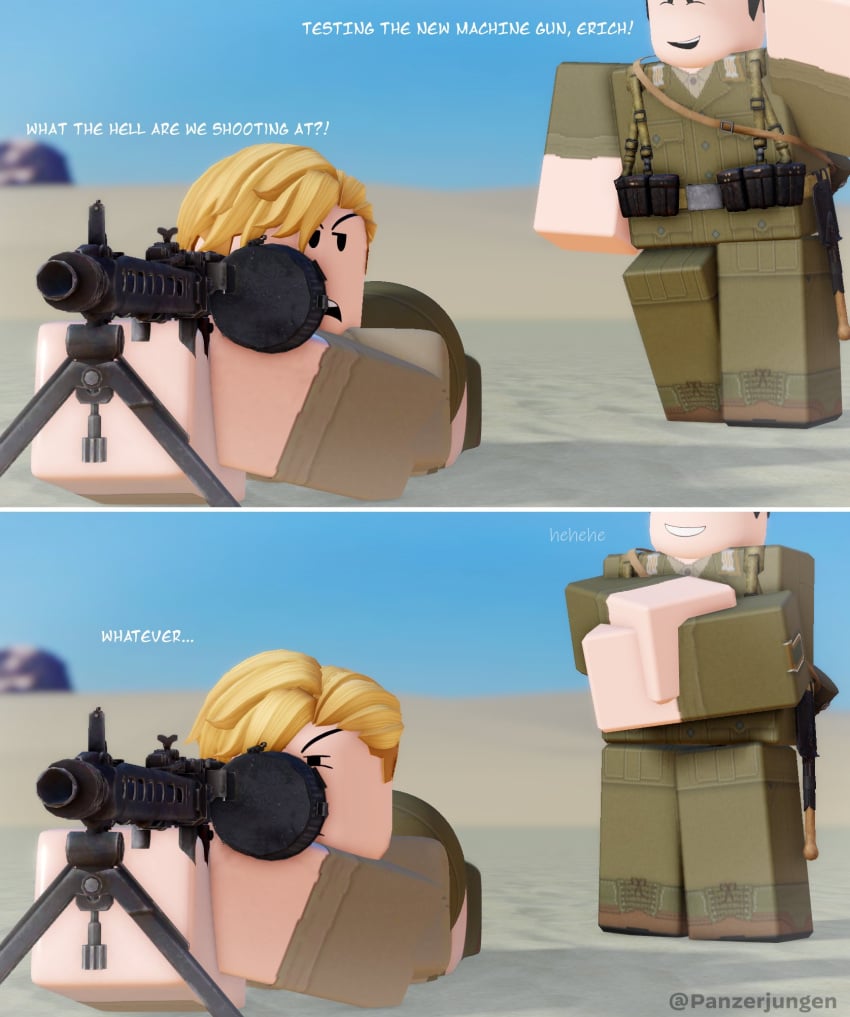 2024 2boys 3d aiming black_hair blonde_hair clothed day desert dialogue english_text erich_kraus femboy firearm fully_clothed gay gun karl_hartmann laying_down machine_gun male male/male mg42 military military_uniform on_stomach outside panzerjungen prone roblox robloxian smile squint tagme twitter_username weapon yaoi