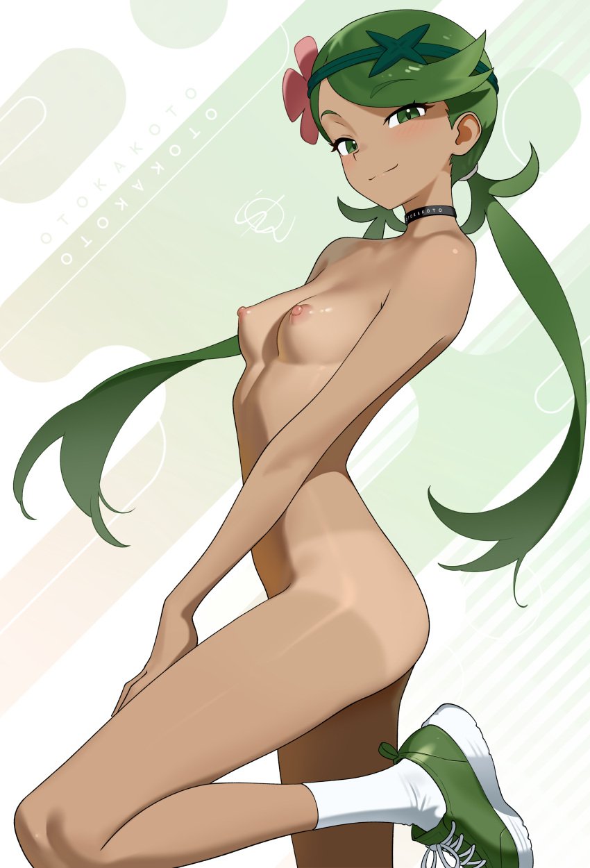 1girls black_choker breasts choker closed_mouth clothing completely_nude dark-skinned_female dark_skin female flower footwear green_eyes green_footwear green_hair green_shoes hair_flower hair_ornament headband headwear high_resolution in_profile long_hair looking_at_viewer low_twintails mallow_(pokemon) nipples nude otokakoto pokemon pokemon_(game) pokemon_character pokemon_sun_&_moon shoes small_breasts smile solo tanlines tanned tied_hair trial_captain twintails very_high_resolution very_long_hair