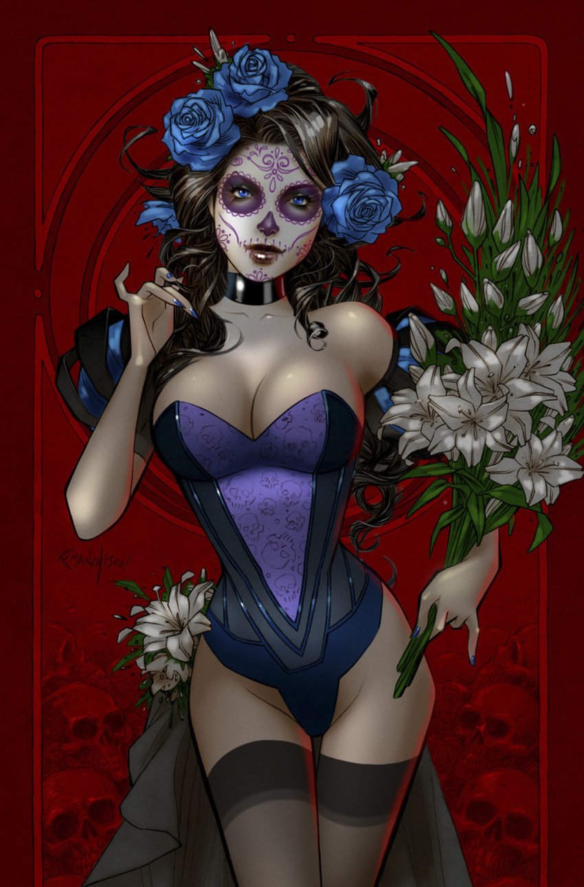 1girls big_breasts black_hair blue_eyes blue_leotard blue_nail_polish blue_nails blue_rose bouquet breasts busty cleavage collar comic_cover dia_de_los_muertos facepaint female female_only flower flower_in_hair franchesco grey_skin grey_stockings grimm_fairy_tales_zenescope large_breasts leotard lipstick long_hair mystere_(zenescope) nail_polish official_art pinup red_background rose skull skulls solo stockings thighs zenescope