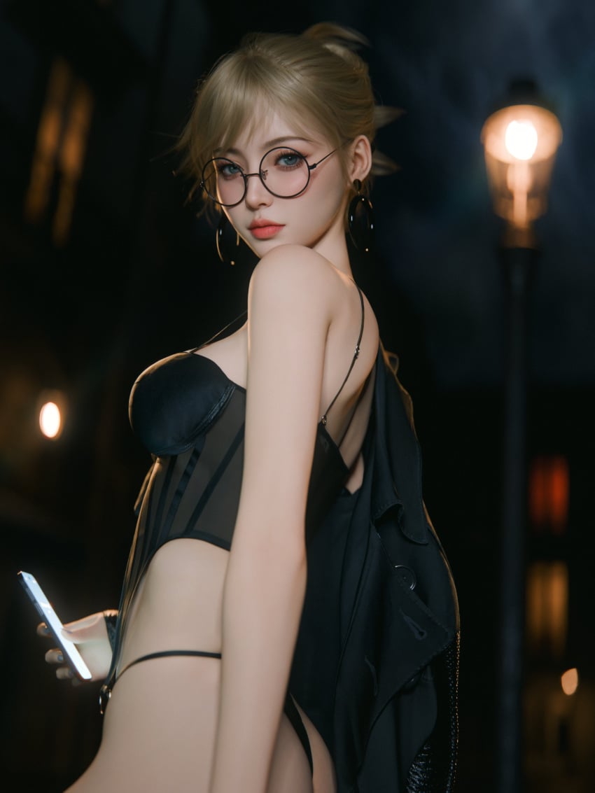 1girls 3d 3d_(artwork) asian asian_female black_jacket black_panties blonde_hair blue_eyes city fair-skinned_female female female_focus female_only glasses high_quality high_resolution highres jacket jacket_over_shoulder looking_at_viewer outdoors outside shoelac3 smartphone thong