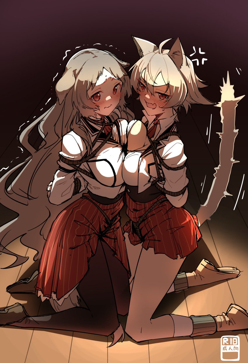 2girls absurdres ahoge anger_vein animal_ears arms_behind_back black_thighhighs blush bondage bondage bondage bound bound_arms breast_press breasts cat_ears cat_girl cat_tail chubb cleavage commission dim_lighting dog_ears dog_girl full-face_blush full_body hair_between_eyes highres kneeling large_breasts long_hair looking_at_viewer motion_lines multiple_girls mushoku_tensei open_mouth partially_unbuttoned pursena_adoldia ranoa_magic_academy_school_uniform red_eyes red_skirt rinia_dedoldia school_uniform second-party_source shirt short_hair skirt slit_pupils symmetrical_docking tail thighhighs trembling very_long_hair wavy_mouth white_shirt wooden_floor