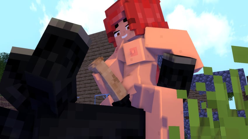 1boy 1boy1girl 1girls 3d bestiality big_breasts black_fur cubic_breasts horse horse_(minecraft) horsecock large_breasts large_penis minecraft nude red_eyes red_hair riding ruda straight tagme zoophilia