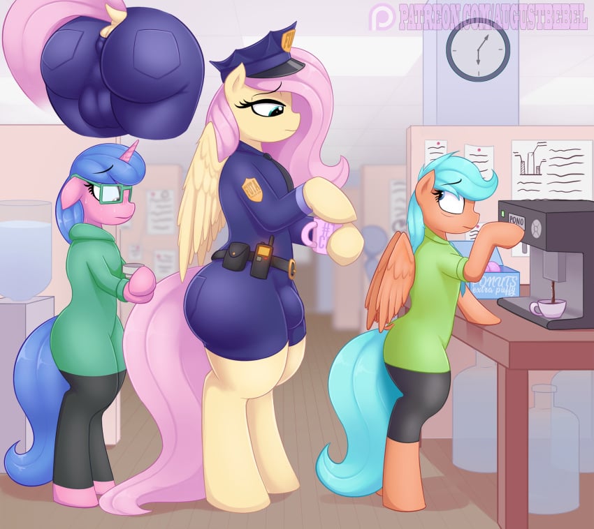 2019 anus ass augustbebel belt bodily_fluids bulge clock clothed clothing cup dock equid equine eyelashes eyewear female fluttershy_(mlp) friendship_is_magic glasses group hair_on_head hi_res horn inside mammal my_little_pony non-anthro police_hat police_uniform pterippus rule_63 sweat unicorn uniform wings