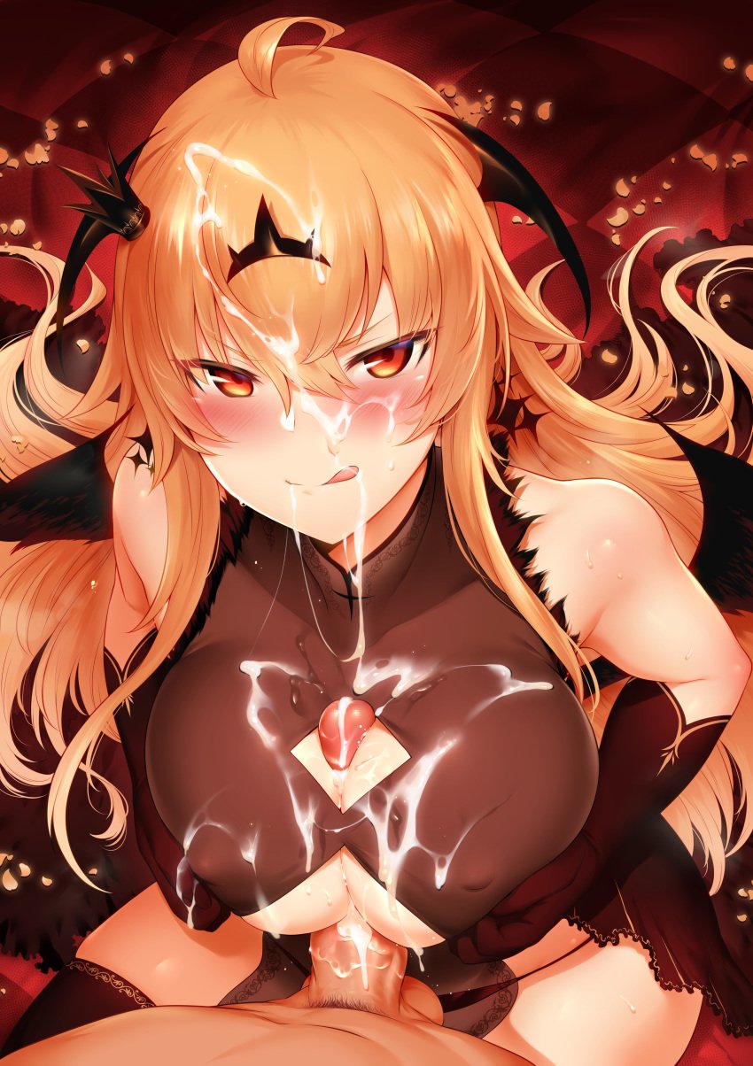 1boy absurdres ahoge bangs bare_shoulders black_dress black_gloves black_legwear black_panties black_rock_shooter black_wings blonde_hair blush breast_squeeze breasts censored chariot_(black_rock_shooter) cleavage_cutout closed_mouth covered_nipples crown cum cum_on_body cum_on_breasts cum_on_upper_body dress eyebrows_visible_through_hair facial fanbox_reward feathered_wings female from_above gloves hair_between_eyes highres huge_filesize large_breasts licking_lips long_hair looking_at_viewer looking_up m-da_s-tarou male_pubic_hair mini_crown mosaic_censoring orange_eyes paid_reward paizuri paizuri_under_clothes panties penis pov pubic_hair solo_focus straight sweat thighhighs tongue tongue_out underwear very_long_hair wings