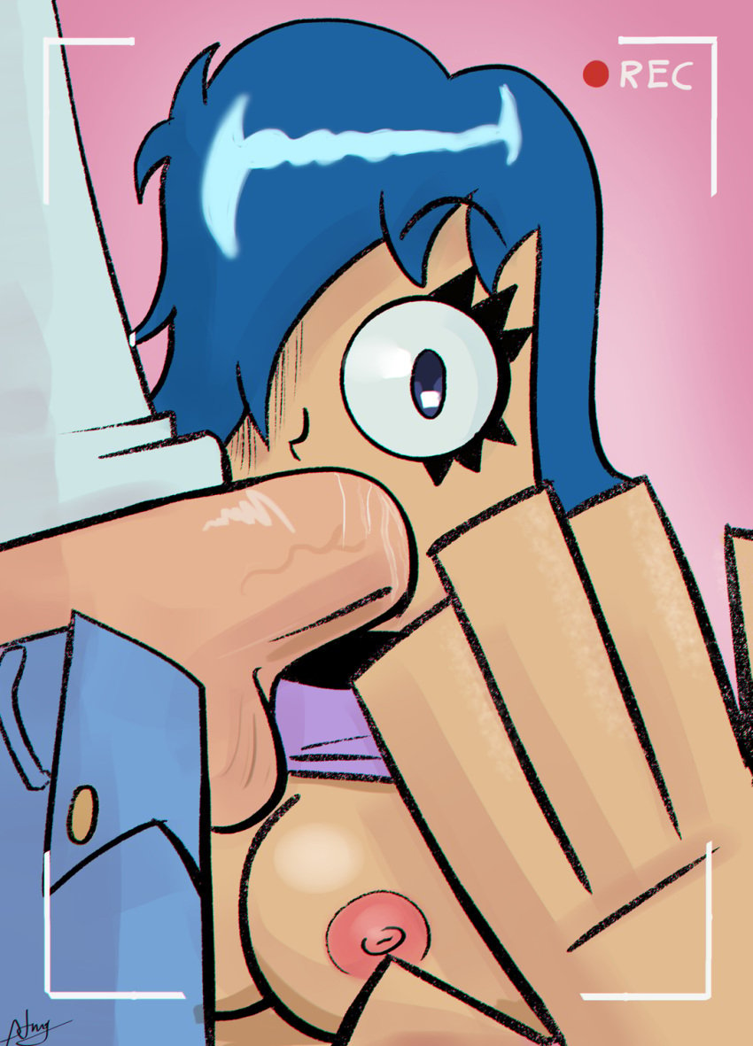 atnog blue_eyes blue_hair breasts camera cartoon_network choker fellatio gothic hi_hi_puffy_amiyumi hidden_camera highres large_breasts one_eye_covered one_eye_obstructed one_eye_visible oral partial_male piercing yumi_yoshimura