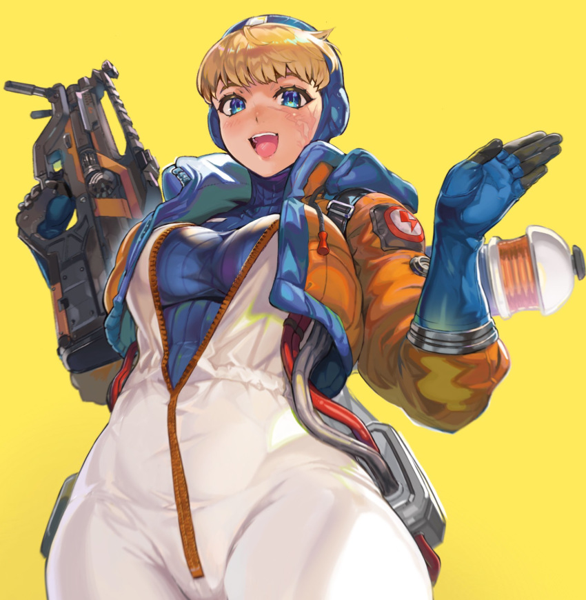 apex_legends blonde_hair blue_eyes bodysuit cameltoe coat curvy facial_scar gun lichtenberg_figure looking_down ookuma_(nitroplus) scar short_hair smile sweater wattson_(apex_legends) wide_hips