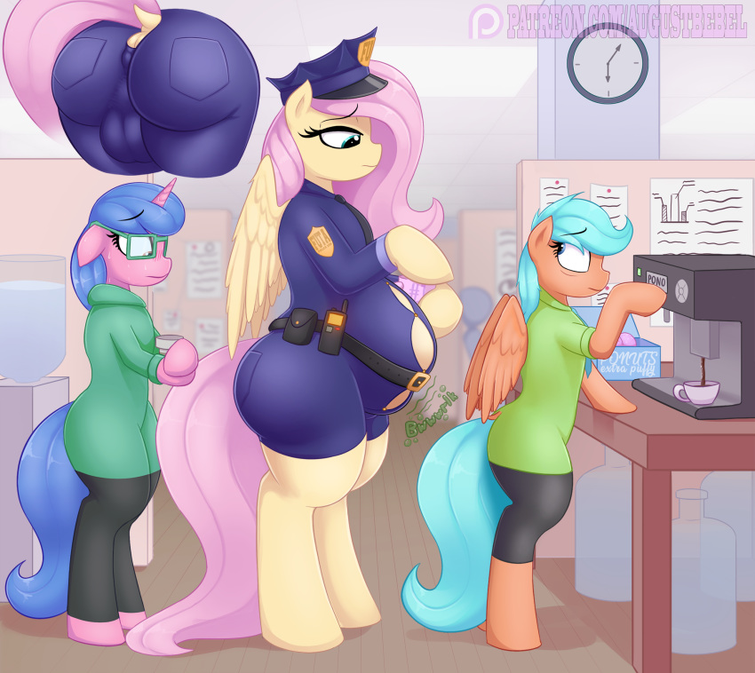 2019 anus ass augustbebel belt bodily_fluids bulge clock clothed clothing cup dock equid equine eyelashes eyewear female fluttershy_(mlp) friendship_is_magic glasses group hair_on_head hi_res horn inside mammal my_little_pony non-anthro police_hat police_uniform pterippus rule_63 sweat unicorn uniform wings