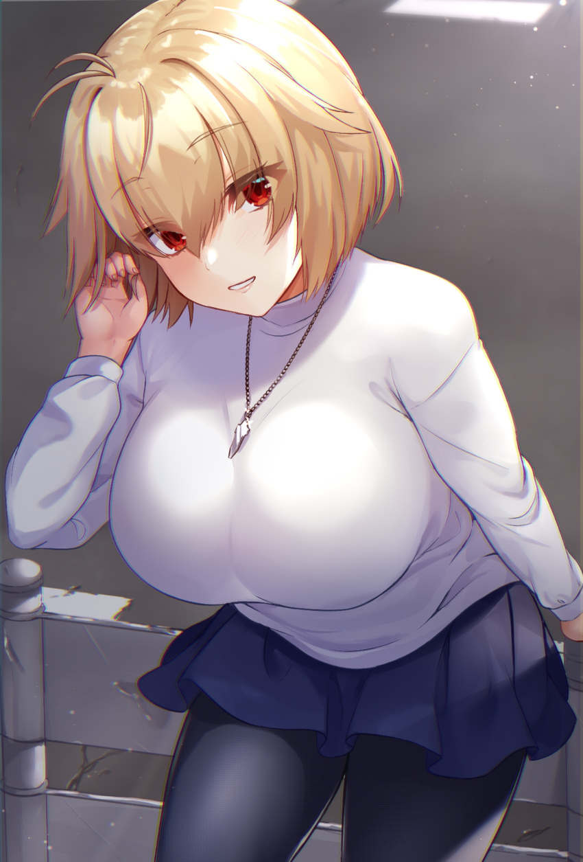 arcueid_brunestud big_breasts black_legwear blonde_hair female female_only fully_clothed huge_breasts leaning_forward looking_at_viewer necklace pantyhose pleated_skirt red_eyes short_hair smile solo sweater tenneko_yuuri tsukihime turtleneck turtleneck_sweater type-moon