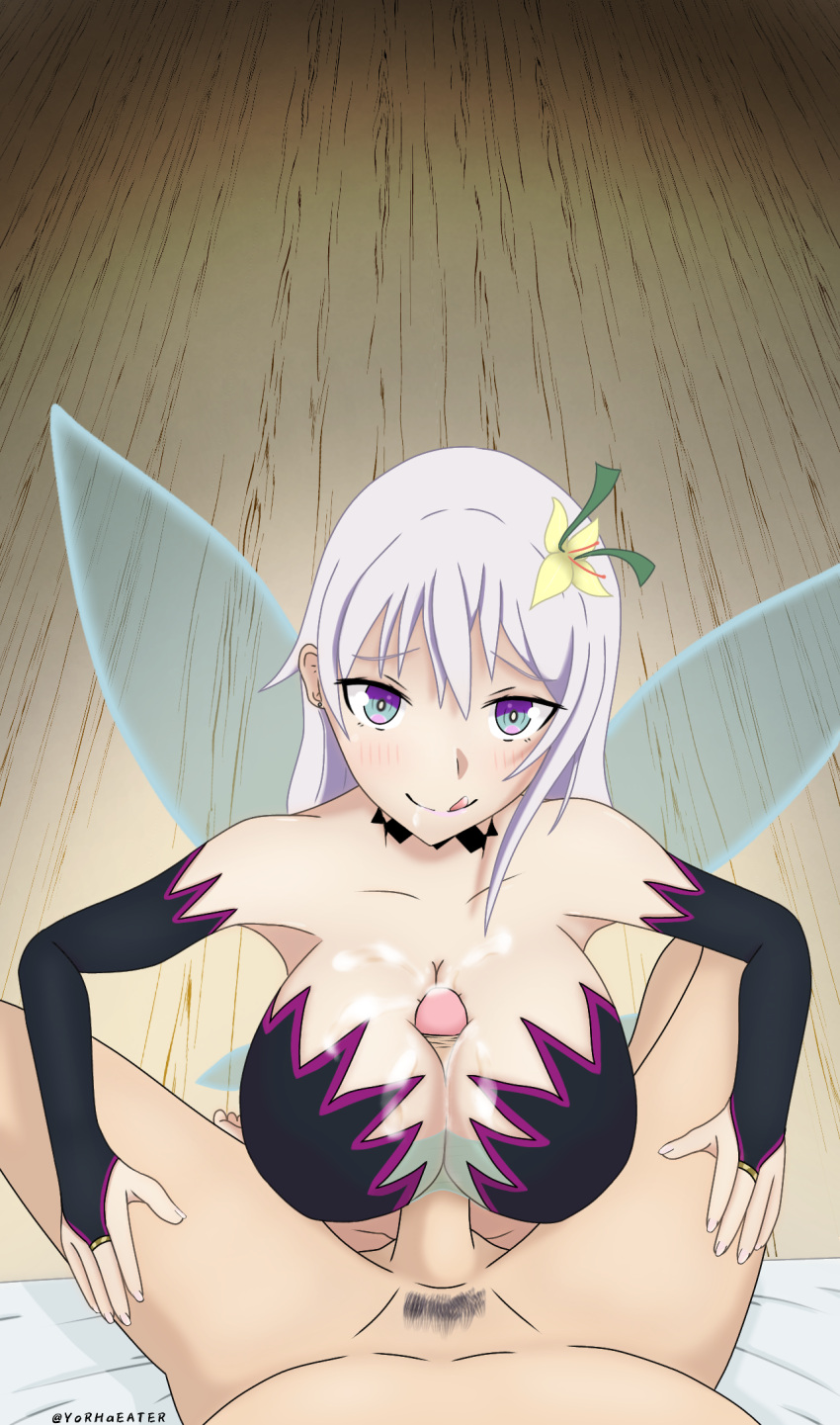 1boy 1girls breasts clothed clothed_sex cum cum_on_breasts fairy flower kisaragi_reona kyuukyoku_shinka_shita_full_dive_rpg_ga_genjitsu_yori_mo_kusoge_dattara paizuri pov smile titjob tongue tongue_out wings