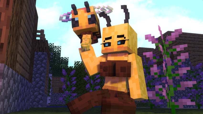 1boy 1boy1girl 1girls 3d bee bee_(minecraft) bee_girl big_breasts big_penis blue_eyes city cubic_breasts flower grass handjob minecraft nude outdoors outside ruda tagme tree wings