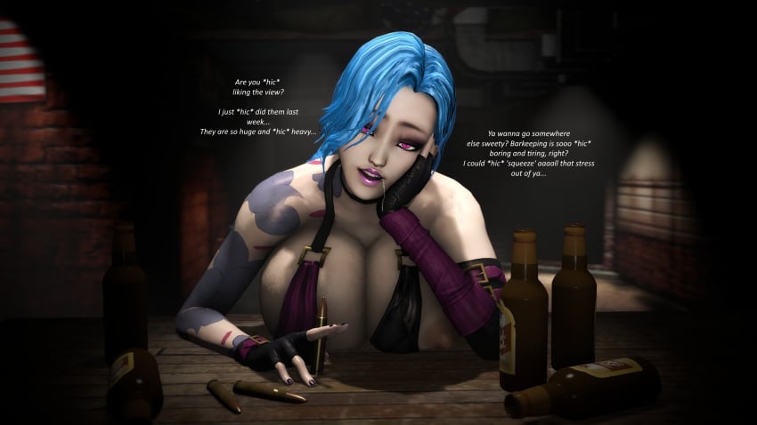 1girls beer big_breasts big_nipples black_fingernails blue_hair bra bullet drooling drunk fake_breasts female female_only fingerless_gloves huge_breasts jinx_(league_of_legends) league_of_legends one_breast_out pale_skin pink_eyes pov purple_lipstick solo talking_to_viewer tattoo thordersfm wardrobe_malfunction