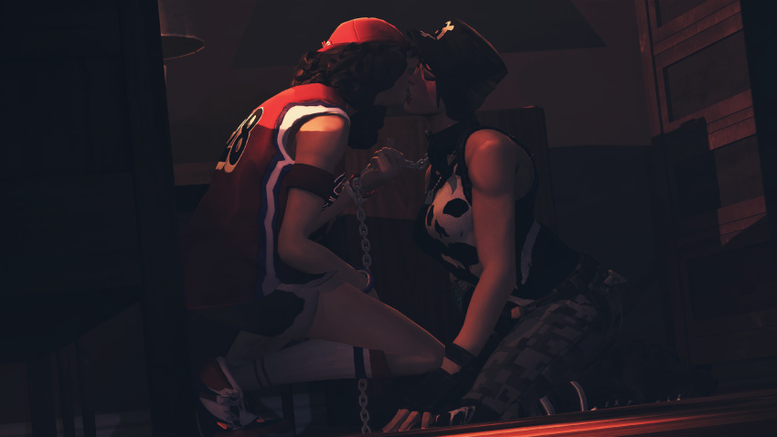 2girls 3d chained chains clothed clothing collar dark_room fortnite headhunter_(fortnite) kissing lesbian on_knees srjollo survival_specialist tagme triple_threat yuri