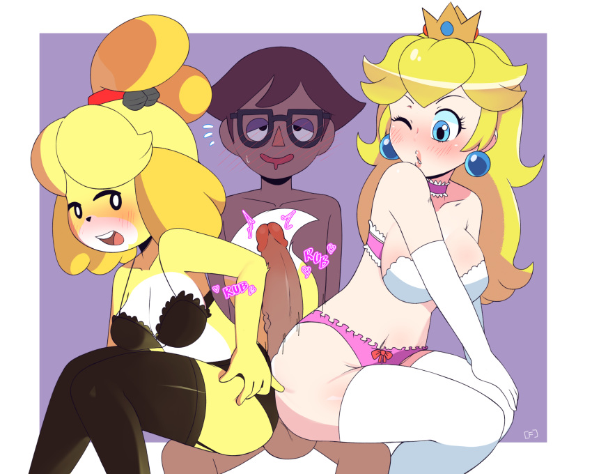 1boy 2girls 5:4 ahe_gao animal_crossing anthro ass big_ass big_breasts big_penis black_bra black_clothing black_legwear black_panties black_thighhighs black_underwear blonde_hair blue_eyes blush boxf bra breasts buttjob canid canine canis cleavage clothing collar crossover crown domestic_dog double_buttjob double_hot_dogging earrings elbow_gloves eyewear female garter_straps glasses gloves group group_sex hi_res hot_dogging huge_ass huge_cock human human_on_anthro interspecies isabelle_(animal_crossing) legwear long_hair looking_at_another looking_back male male_on_anthro mammal mario_(series) medium_breasts multiple_girls navel nintendo one_eye_closed onomatopoeia open_mouth open_smile panties penis pink_clothing pink_panties pink_underwear princess_peach rolling_eyes sex sitting smile sound_effects straight testicles text thick_lips thick_thighs thighhighs threesome underwear underwear_only vein veiny_penis video_games villager_(animal_crossing) white_bra white_gloves white_legwear white_thighhighs wide_hips