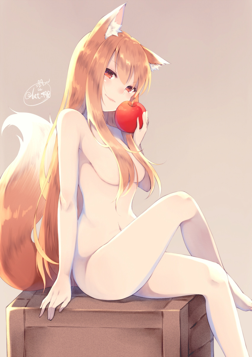 1girls 2017 5_fingers animal_humanoid apple bangs breasts brown_body brown_fur brown_hair canid canid_humanoid canine canine_humanoid canis chita_(ketchup) convenient_censoring crossed_legs female female_only fingers food fruit fur glistening glistening_hair hair hair_censor hair_covering_breasts hi_res holding_food holding_object holo humanoid inner_ear_fluff long_hair looking_at_viewer mammal mammal_humanoid medium_breasts multicolored_body multicolored_fur navel nude plant red_eyes sidelocks simple_background sitting smile solo spice_and_wolf tan_background tuft white_body white_fur wolf wolf_humanoid