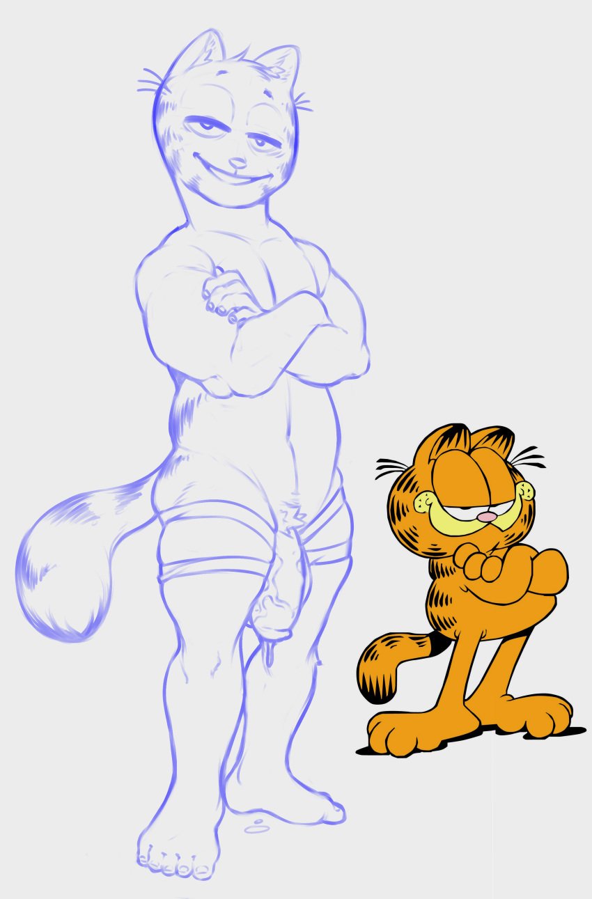 1boy anthro barefoot big_penis bluesnesscasual cat_humanoid crossed_arms fat feline flaccid furry garfield_(series) garfield_the_cat half-closed_eyes leaking male male_only muscular muscular_male nickelodeon nude penis reference_image smile smug solo tail thick_penis thick_thighs