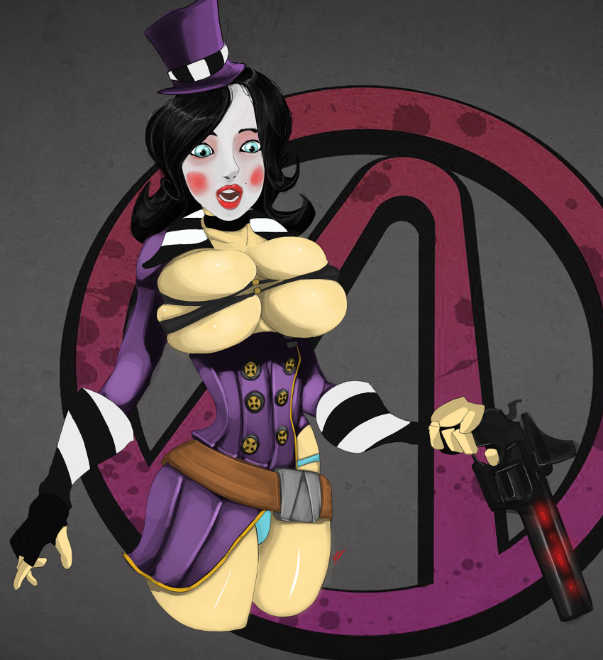 1girls blue_panties borderlands borderlands_2 bursting_breasts damnmax female female_only large_breasts mad_moxxi panties solo squeezing_breast squished_breasts tight_fit