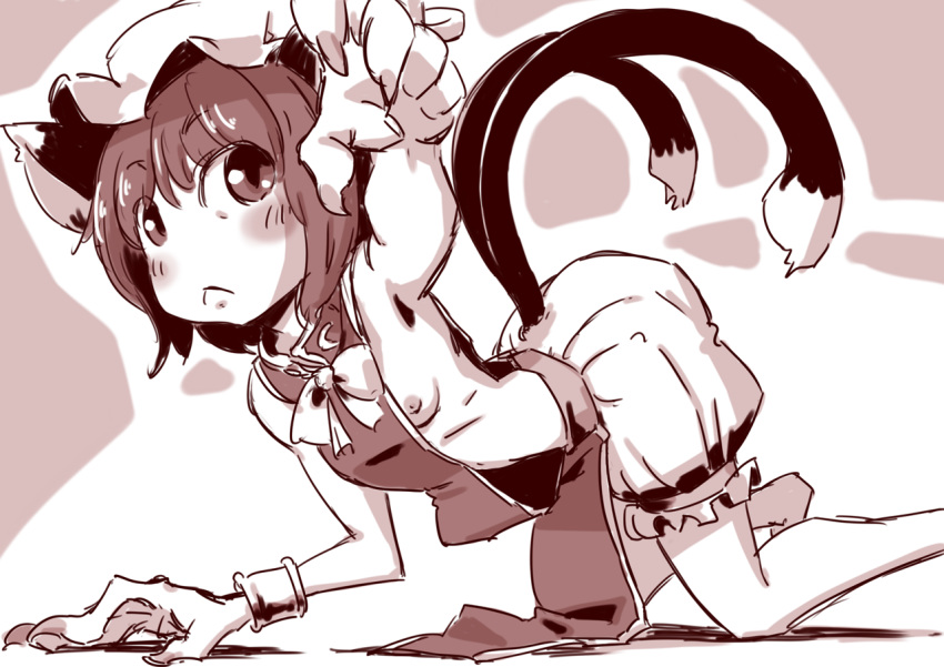 2_tails bloomers bloomers_(victorian) blush bracelet chen eyebrows_visible_through_hair frown monochrome multiple_tails on_all_fours reaching_out sharp_fingernails short_hair small_breasts sonson_(eleven) tail touhou