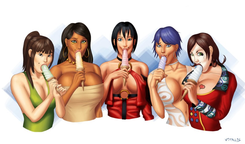 1girls black_hair bob_cut borderlands crossover farah female female_only guilty_gear i-no ice_cream lady_farah large_breasts legend_of_queen_opala mad_moxxi milf mole saori_yasuda short_hair six_(tripping_the_rift) sket_dance solo sucking tripping_the_rift vitalis