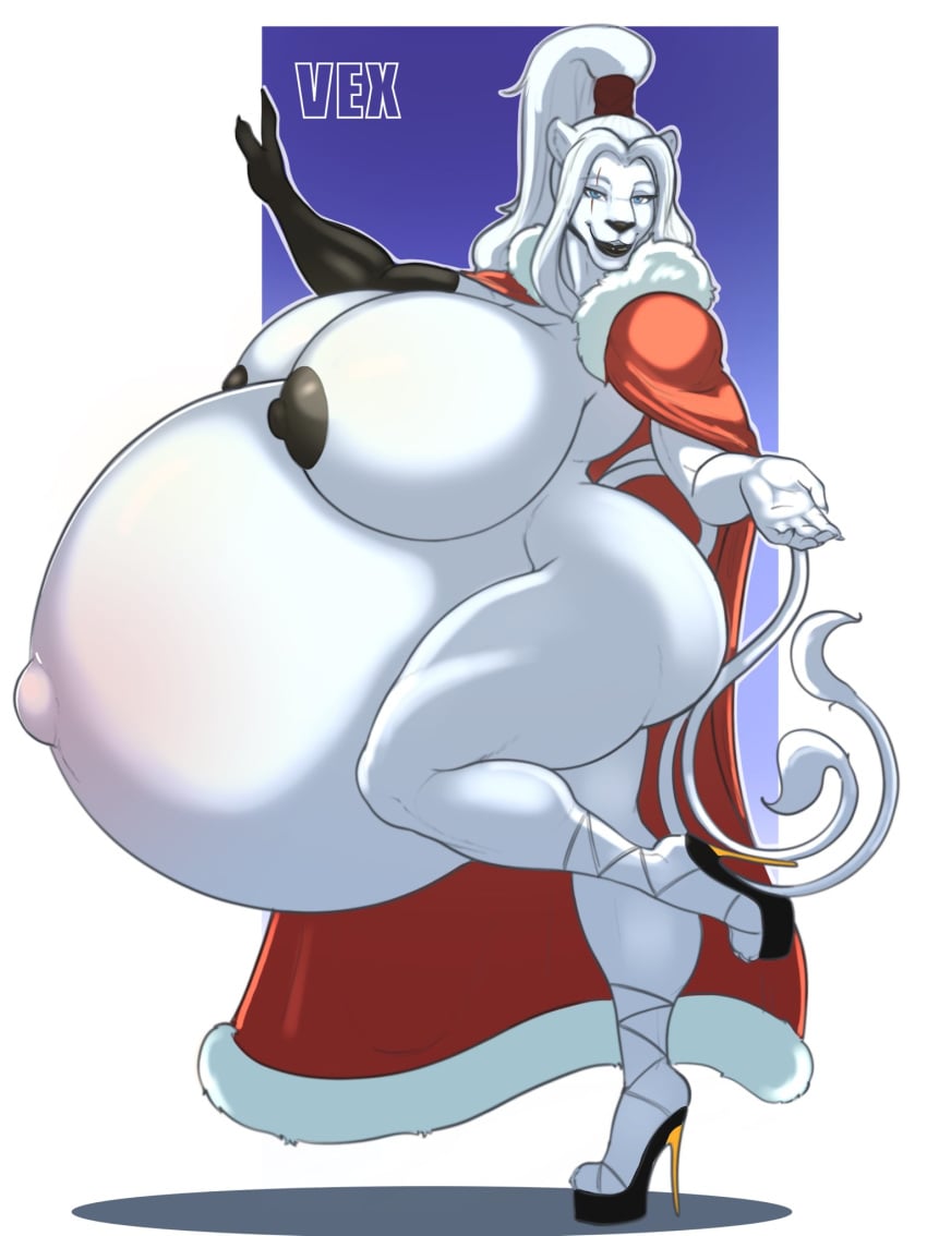 1girls anthro belly big_belly big_breasts breasts cape feline female female_only furry high_heels huge_belly huge_breasts hyper_belly hyper_pregnancy kincade large_breasts lioness one_leg_up outie_navel pregnant ready_to_pop scar smile solo vexdemon white_fur