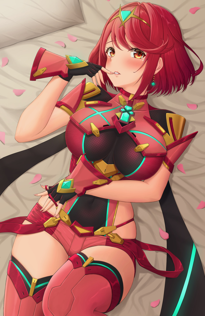 1girls armor bangs bed bed_sheet blush breasts covered_navel earrings female female_only fingerless_gloves gem gloves hair_ornament headpiece highres jewelry large_breasts lying nintendo petals pyra red_eyes red_hair red_shorts short_hair short_shorts shorts shoulder_armor skindentation solo sssemiii swept_bangs teeth tiara xenoblade_(series) xenoblade_chronicles_2