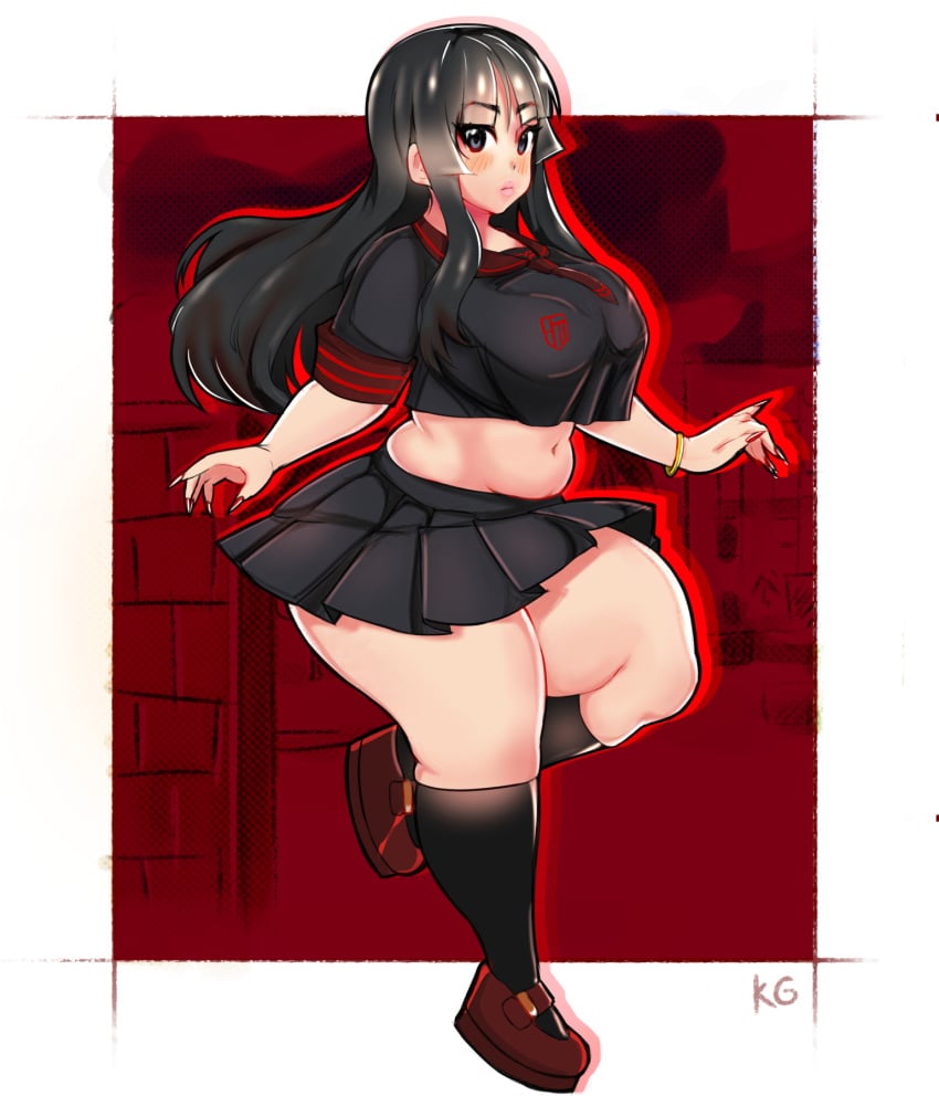 alternate_costume background belly big_ass black_hair black_kneehighs black_kneesocks bracelet crop_top huge_ass huge_breasts human human_only k-on! keigi_(artist) kneehighs kneesocks lips long_hair long_nails looking_at_viewer miniskirt mio_akiyama_(k-on!) plump school_uniform schoolgirl thick_thighs