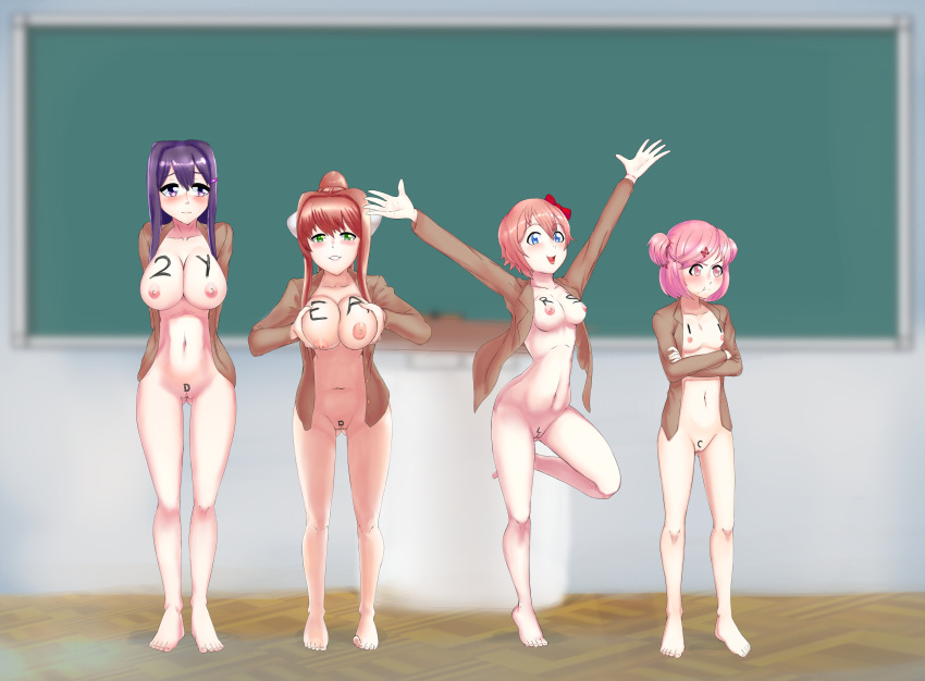 4girls barefoot body_writing classroom doki_doki_literature_club female female_only holding_breast jeaike large_breasts medium_breasts monika_(doki_doki_literature_club) multiple_girls natsuki_(doki_doki_literature_club) nipples no_bra no_panties pink_hair purple_hair pussy sayori_(doki_doki_literature_club) small_breasts source_request standing yuri_(doki_doki_literature_club)