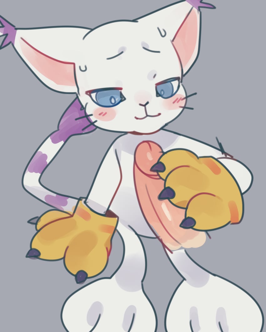 blue_background blue_eyes blush blush_stickers claws crybleat digimon digimon_(species) feline furry gatomon handjob interspecies paws sweat tail tailmon whiskers white_fur