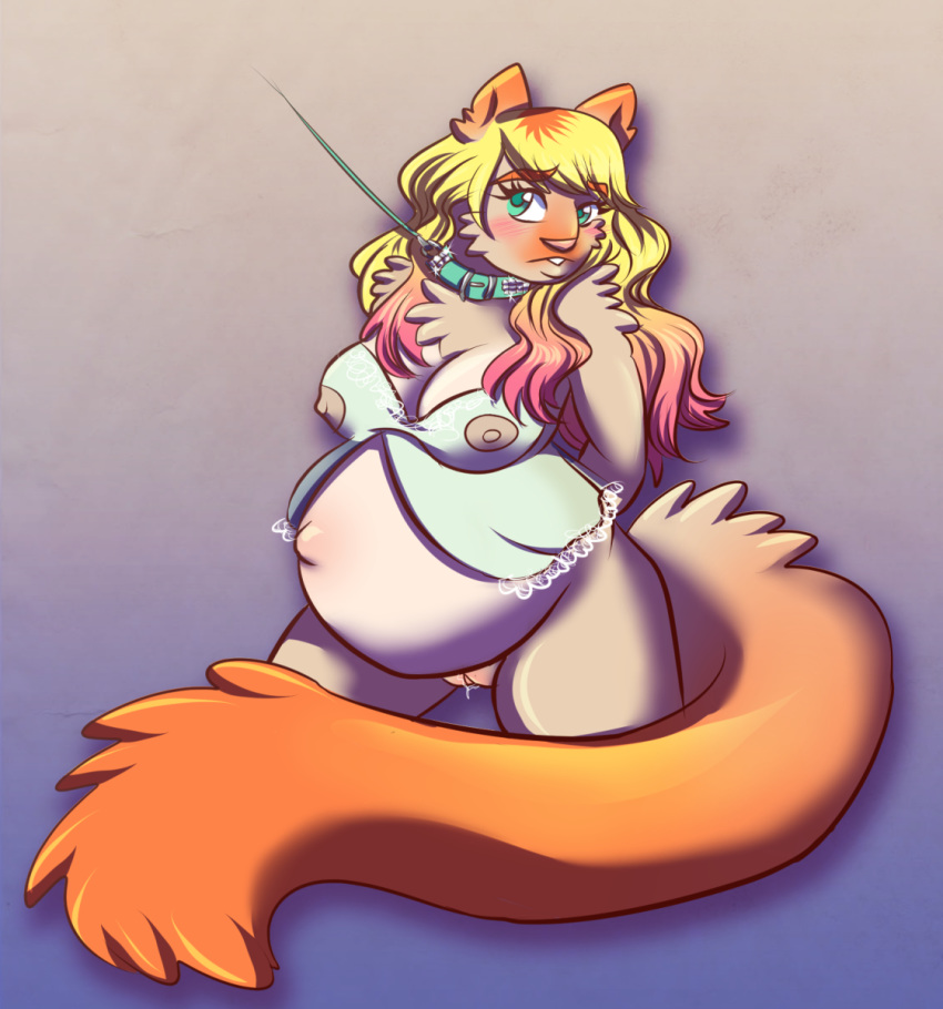 1girls anthro belly big_belly bodily_fluids bondage bound breasts collar domestic_cat felid feline felis female female_only hi_res kneeling mammal mostly_nude nipples papayamist pregnant pussy simple_background solo