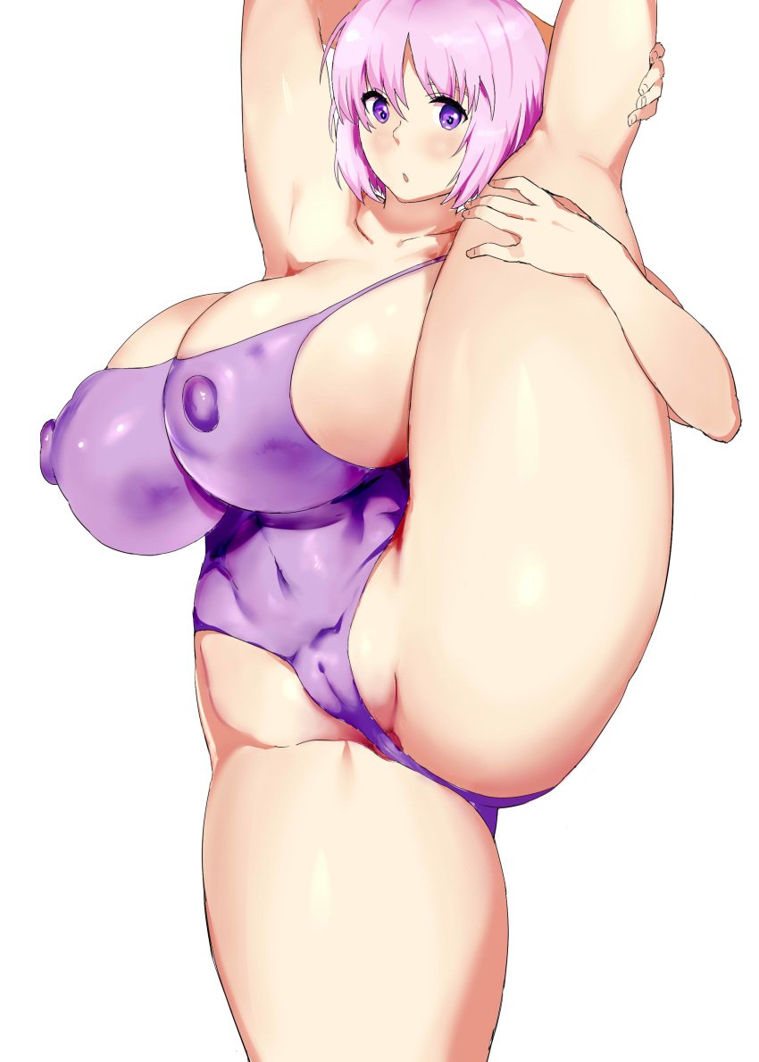 1girls bare_shoulders big_breasts blush busty cleavage curvy erect_nipple erect_nipples erect_nipples_under_clothes eyelashes fate/grand_order fate_(series) female female_only front_view grab grabbing hourglass_figure huge_breasts human leg_lift leg_up looking_at_viewer mash_kyrielight mozu-k nipple_bulge one-piece_swimsuit pink_hair pose posing purple_eyes shielder_(fate/grand_order) shiny shiny_skin short_hair simple_background solo standing thick_thighs thong voluptuous white_background wide_hips wink