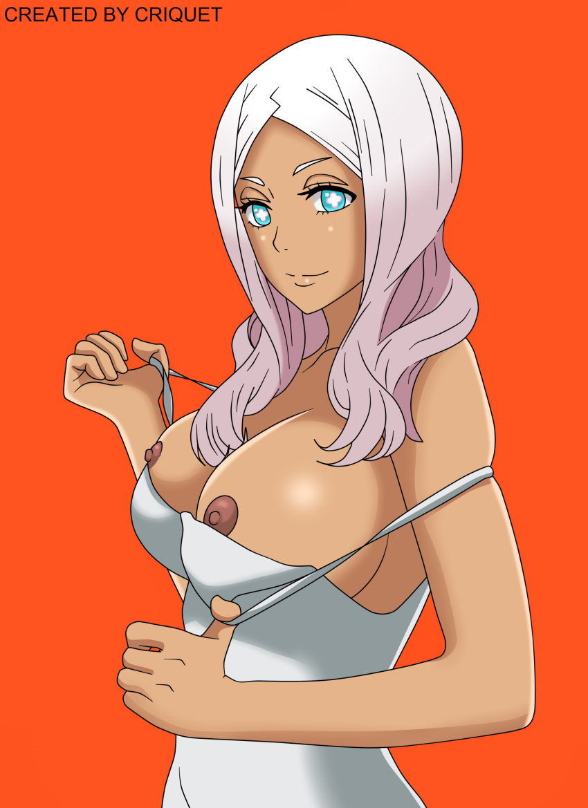 big_breasts blue_eyes criquet dark-skinned_female dark_skin dress enen_no_shouboutai female fire_force looking_at_viewer nipples princess_hibana simple_background smile white_hair