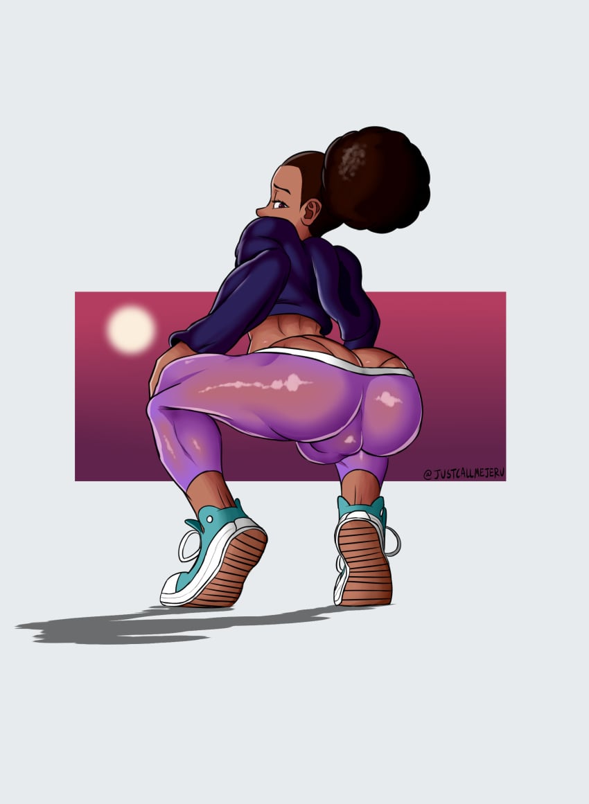 1boy 2017 ass ass_cleavage balls black_femboy brown_hair bulge buns butt_crack dark-skinned_femboy dark-skinned_male dark_skin femboy highres hoodie justcallmejeru male male_only shoes sneakers squatting thong transparent_clothing twerking yoga_pants