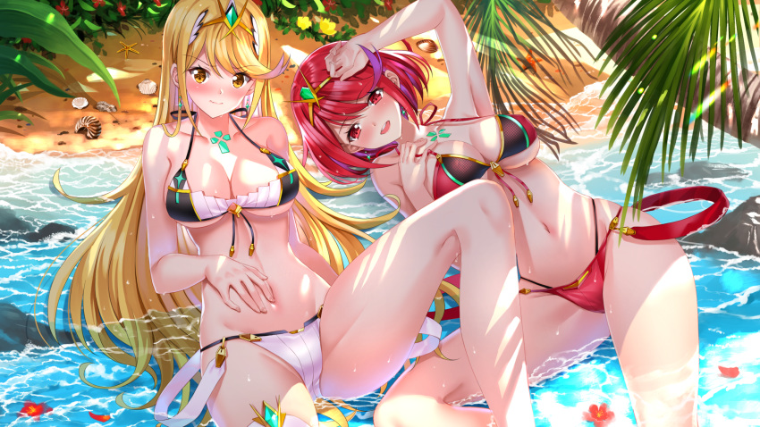 2girls :d arm_up armpits bangs bare_arms bare_legs bare_shoulders beach bikini blonde_hair blush breasts brown_eyes cleavage closed_mouth collarbone commentary_request day eyebrows_visible_through_hair feet_out_of_frame flower flower_on_liquid hair_between_eyes headpiece highres knee_up large_breasts long_hair lying multiple_girls mythra navel nintendo nose_blush on_back open_mouth outdoors palm_tree petals petals_on_liquid pyra red_bikini red_eyes red_flower red_hair round_teeth sand seashell shallow_water shell smile starfish swimsuit swordsouls teeth tree upper_teeth very_long_hair water white_bikini xenoblade_(series) xenoblade_chronicles_2