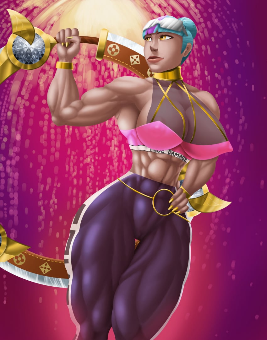 1girls big_ass big_breasts big_butt big_muscles big_nipples blue_hair breasts eyewear_on_head fit fit_female league_of_legends muscle muscle_growth muscle_worship musclechub musclegut muscles pink_hair qiyana_yunalai solo sunglasses_on_head true_damage_qiyana true_damage_series