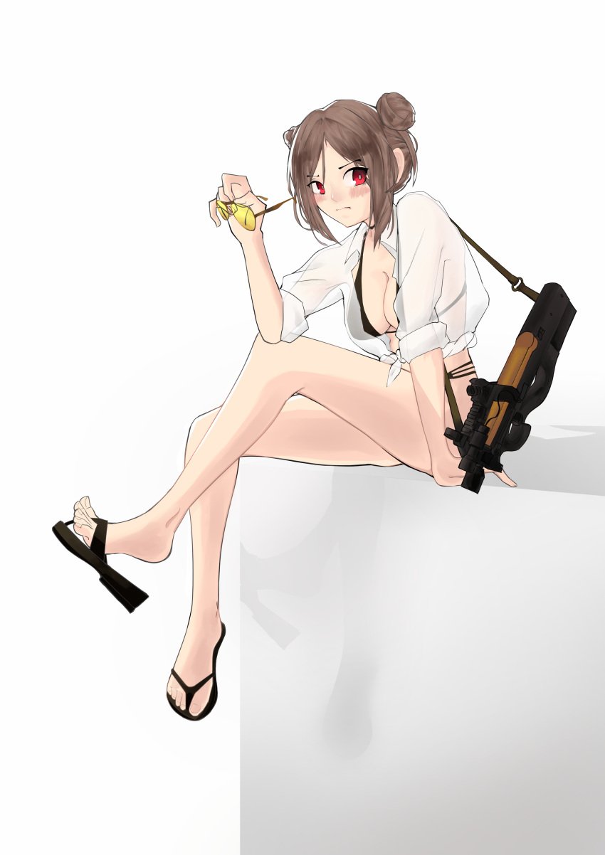 1girls blush brown_hair clothed clothed_female clothing feet female female_only girls'_frontline gun p90_(girls_frontline) red_eyes sandals see-through sitting solo straight sunglasses sunglasses_removed swimsuit toes weapon