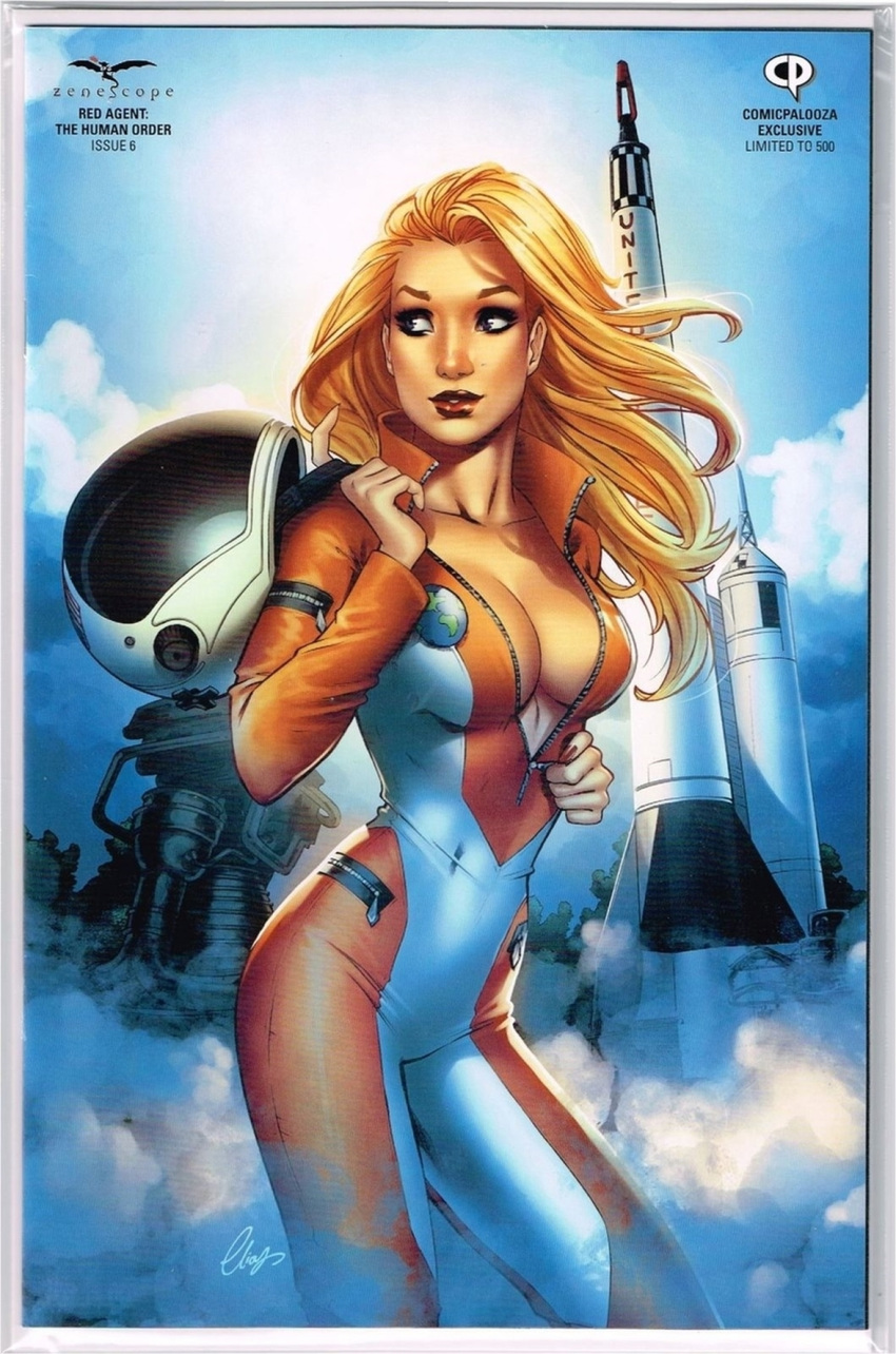 1girls alternate_costume astronaut big_breasts blonde_hair blue_eyes bodysuit breasts britney_waters busty cleavage comic_cover elias_chatzoudis female female_only front_view grimm_fairy_tales_(comic) jumpsuit large_breasts lipstick official_art pinup red_lips red_lipstick rocket scan smoke solo space_shuttle standing text unzipped unzipped_bodysuit zenescope zenescope_entertainment zipper zipper_pull_tab