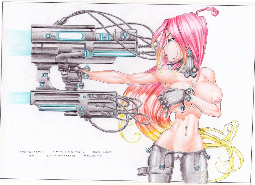 abs action_pose aiming amaurymangaka areolae big_breasts blonde_hair bloom_(winx_club) blue_eyes breast_hold breasts breasts_grab busty cameltoe collar covering_breasts crossover earrings enormous_weapon female_only gantz gantz_(cosplay) gantz_suit gloves gun holding_breast hourglass_figure huge_breasts human human_only large_breasts light-skinned_female light_skin long_hair long_hair_female navel navel_piercing nipples overflowing_breasts piercing pinup pose posing questionable red_hair skin_tight standing teenage topless topless_female two_tone_hair weapon white_background wide_hips winx_club