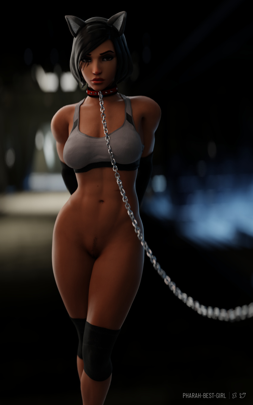 3d abs black_eyes black_hair blender bondage bra cat_ear chained chains choker dark-skinned_female dark_skin egyptian female high_resolution muscle muscular_female overwatch pharah pharah-best-girl sports_bra sportswear underwear