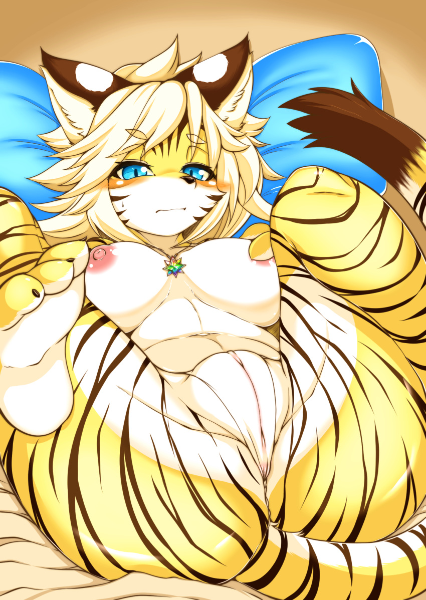 1girls 2018 anthro blonde_hair blush breasts felid female female_only full_bokko_heroes_x hair hi_res mammal megane_inu pantherine pussy solo striped_body stripes tiger zhang_fei_(full_bokko_heroes_x) zhang_fei_(fullbokko_heroes)