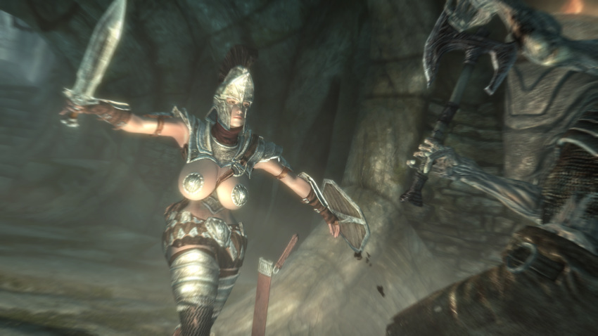 1girls athletic_female draugr dungeon female fighting game_screenshot helmet imperial indoor large_breasts monster screencap shield skimpy_armor skyrim sword the_elder_scrolls