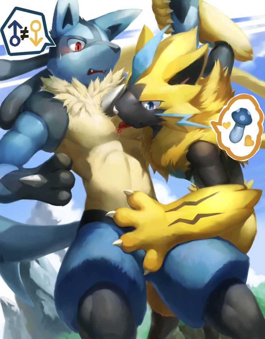 2boys abs anthro anthro_on_anthro blush canine claws duo feline fur furry half-closed_eyes heart interspecies legendary_pokémon licking lucario male male_only nintendo no_homo no_nipples pokemon pokemon_(species) pokemon_dppt pokemon_usm t.y.stars tail testicles text thick_thighs tongue tongue_out tuft video_games zeraora