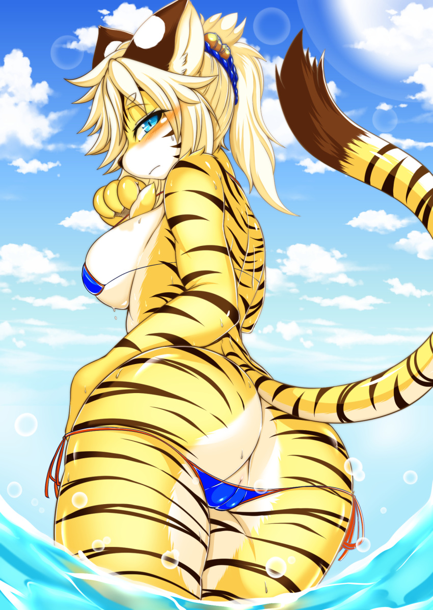 1girls 2018 4_fingers anthro ass big_breasts bikini blonde_hair blue_eyes blue_sky blush breasts brown_stripes clothed clothing felid female female_only fingers fur hair hi_res kemono looking_at_viewer looking_back low-angle_view mammal megane_inu outside pantherine partially_submerged portrait pussy pussy_peek rear_view seaside seductive side_boob skimpy sky solo string_bikini striped_body striped_fur stripes swimwear three-quarter_portrait tiger water wet wide_hips zhang_fei_(fullbokko_heroes)